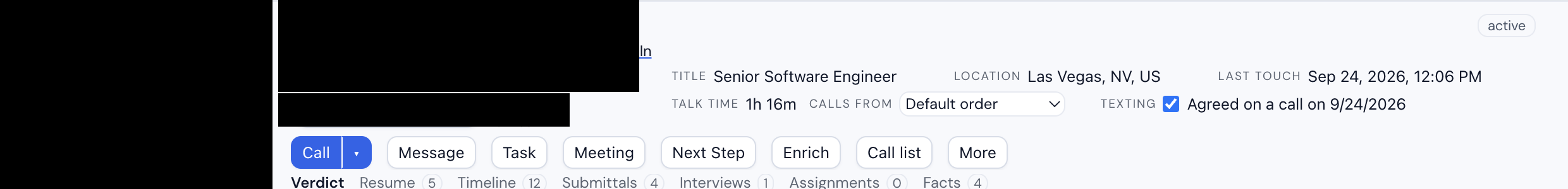 A candidate record showing a Texting field with a ticked checkbox reading Agreed on a call on 9/24/2026
