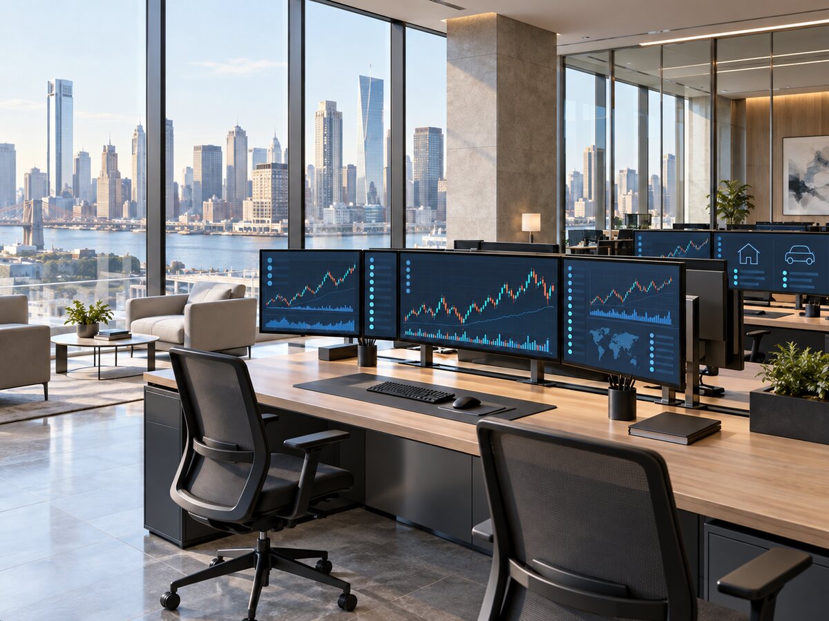 Bank operations floor with market charts