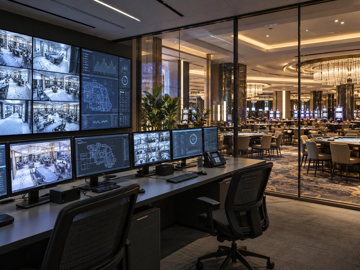 Gaming technology operations room beside a casino floor