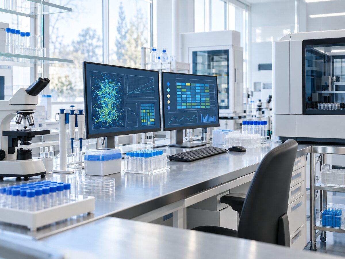 Laboratory bench with data analysis monitors
