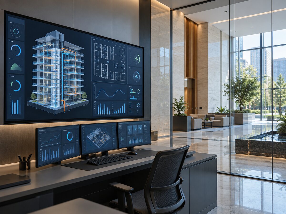 Property technology dashboards in a glass lobby