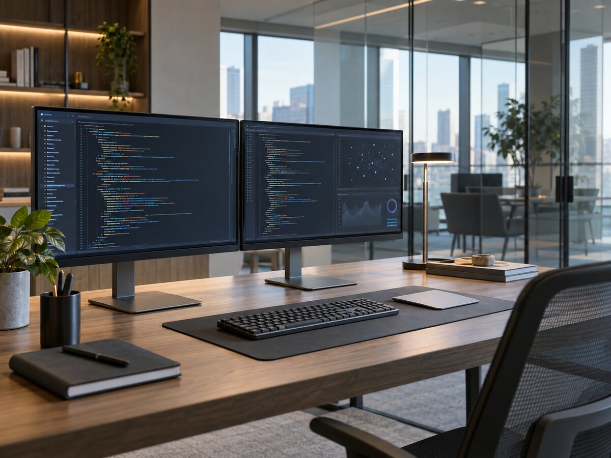 Developer desk with code on two monitors