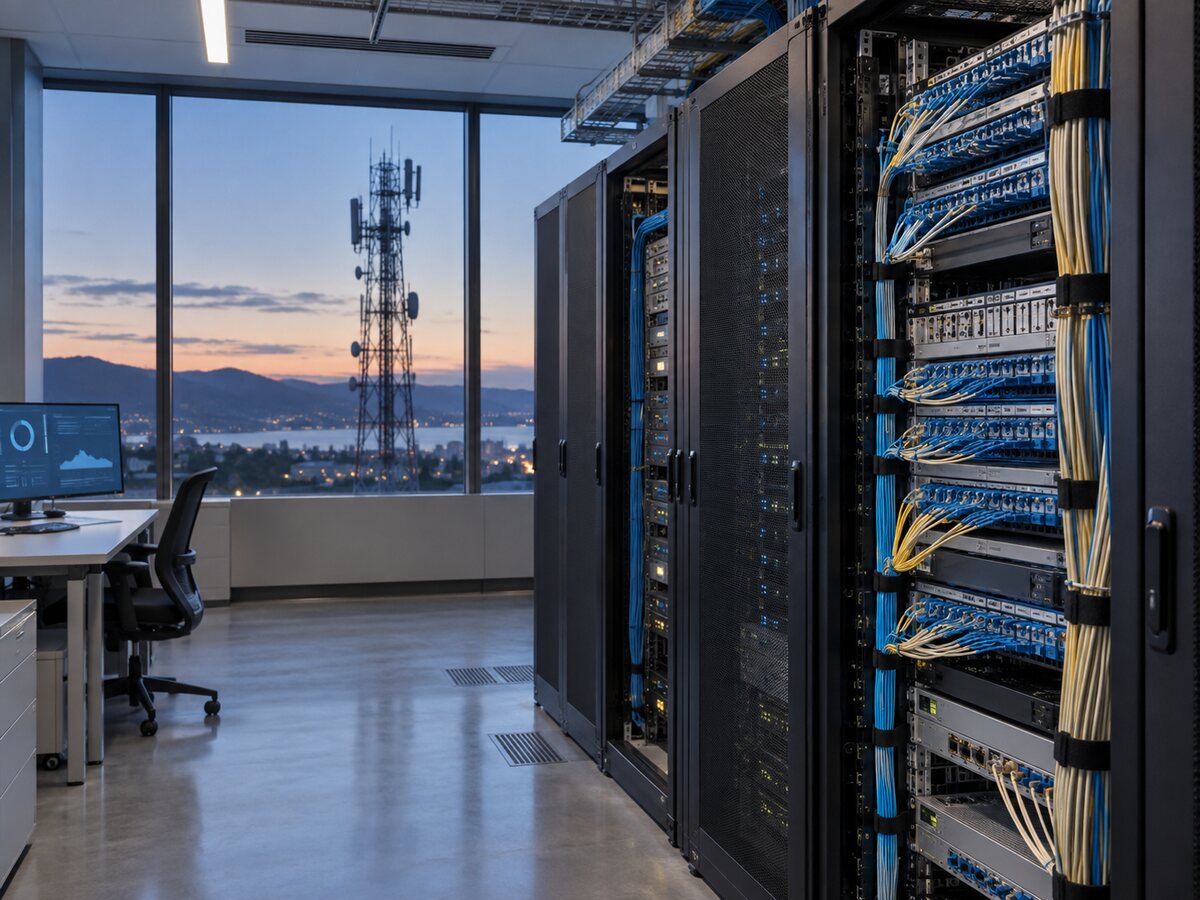 Network racks with a telecom tower beyond the window